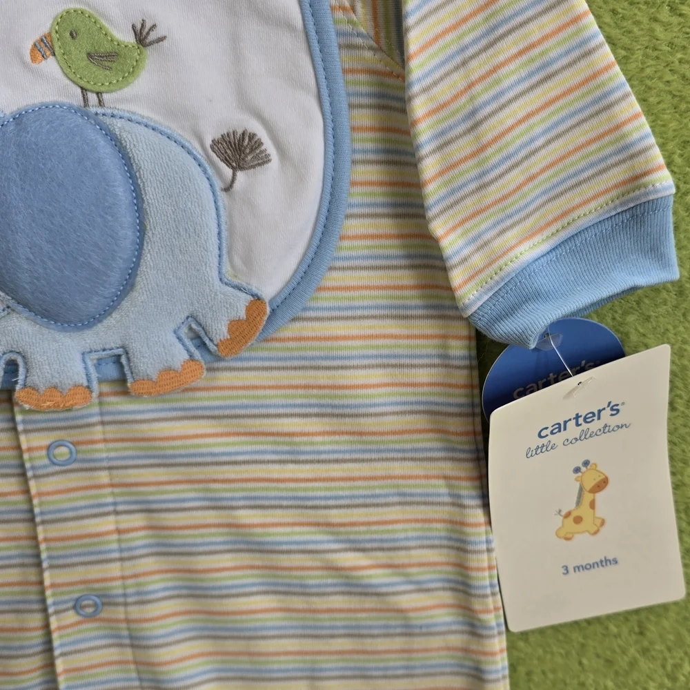 NWT 3-6M BOYS 2P ROMPER + BIB SET Striped COTTON BLUE Elephant LITTLE SAFARI (6)